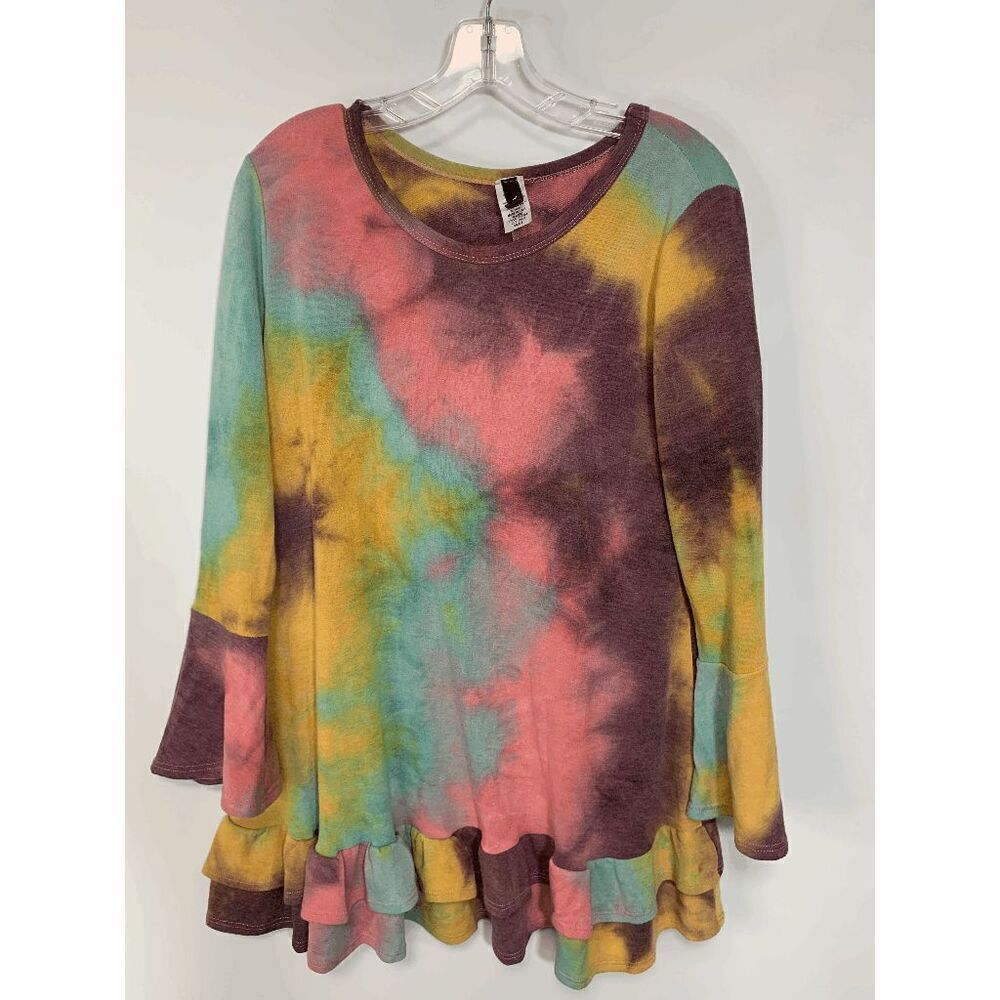Yahada Women's Tie Dye Bell Sleeve Ruffle Hem Top Size Small